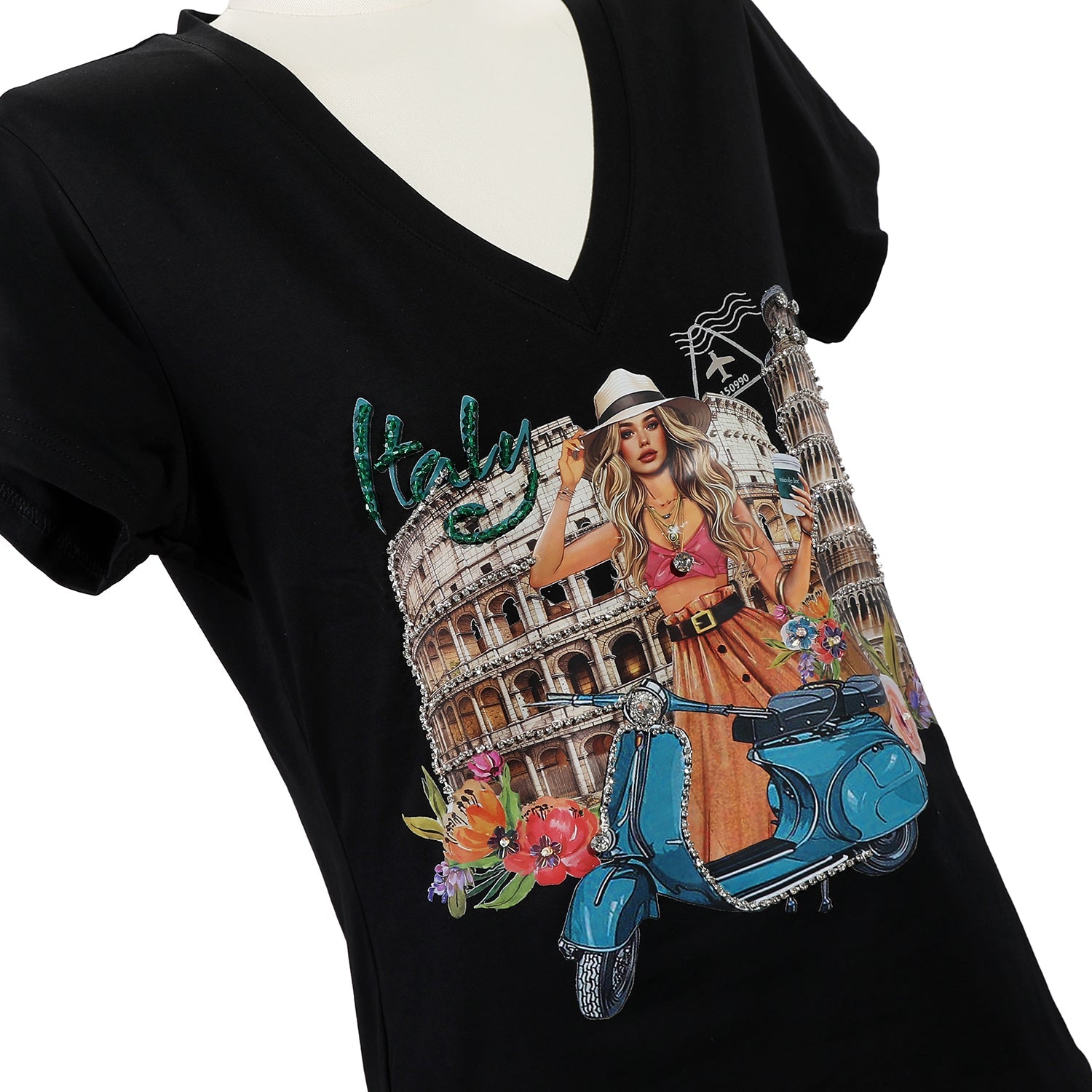CAMISETA DE MODA CON CUELLO EN V (MARTHA TRAVELS ITALY)