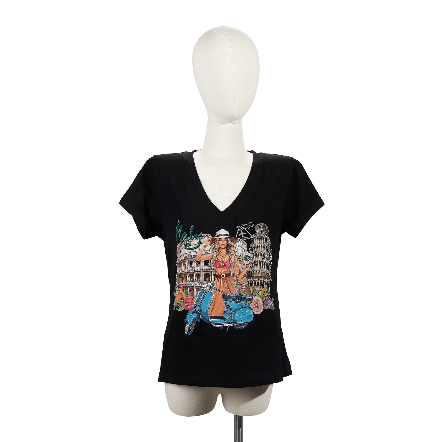 CAMISETA DE MODA CON CUELLO EN V (MARTHA TRAVELS ITALY)