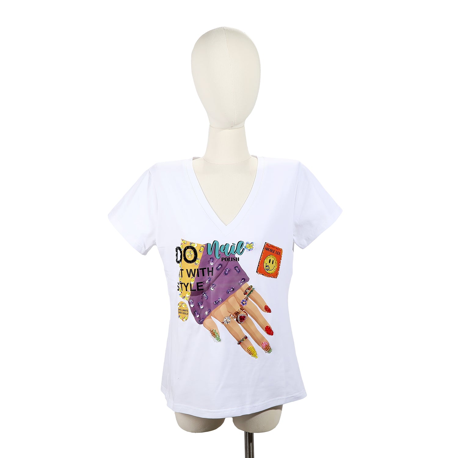 CAMISETA DE MODA CON CUELLO EN V (NAIL POLISH)