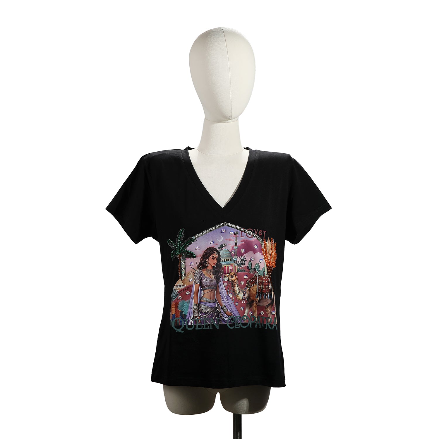 CAMISETA DE MODA CON CUELLO EN V (QUEEN CLEOPATRA NEGRO)
