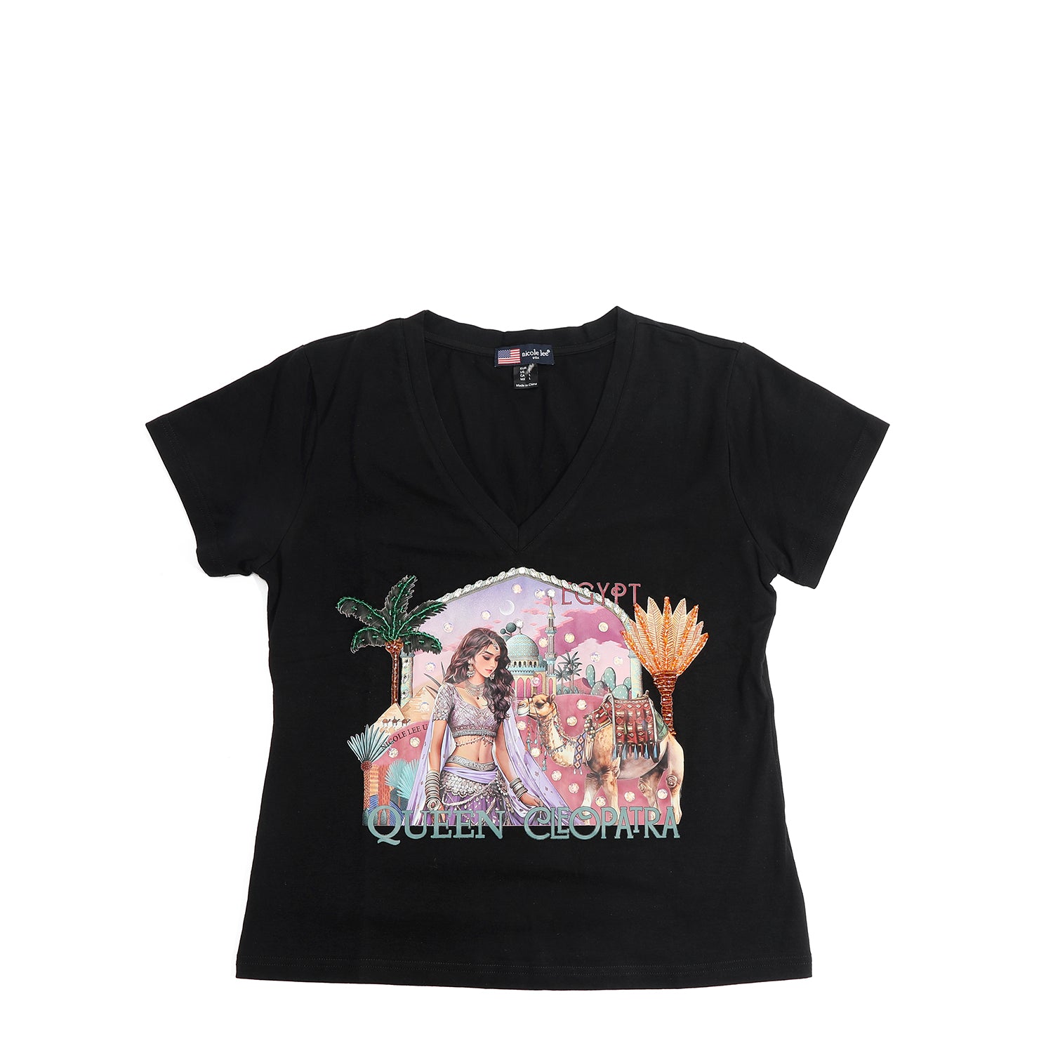 CAMISETA DE MODA CON CUELLO EN V (QUEEN CLEOPATRA NEGRO)