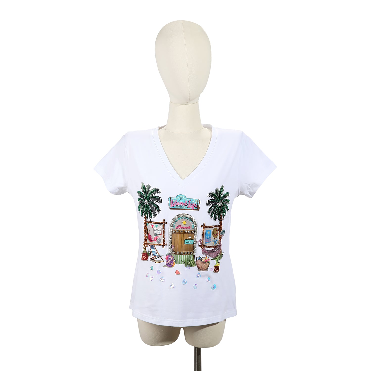 T-SHIRT ALLA MODA CON SCOLLO A V (<tc>SUN & SAND</tc>)