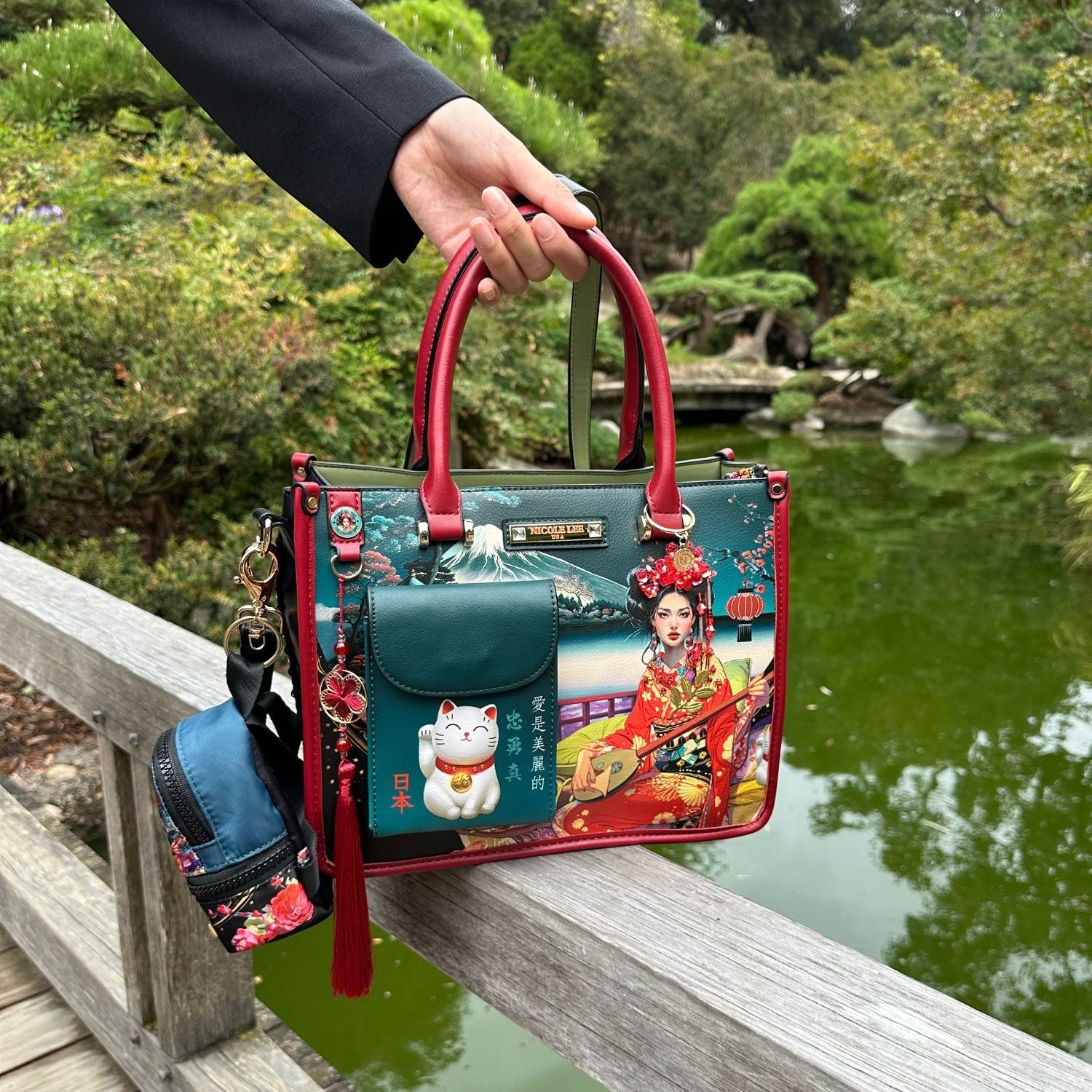 Akiko La Belleza Handbag with Front Lucky Cat Pocket, Embellished