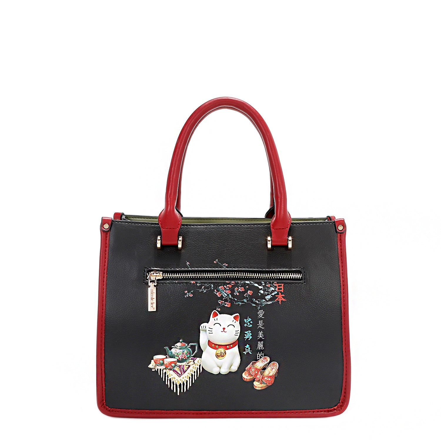 Akiko La Belleza Handbag with Front Lucky Cat Pocket, Embellished