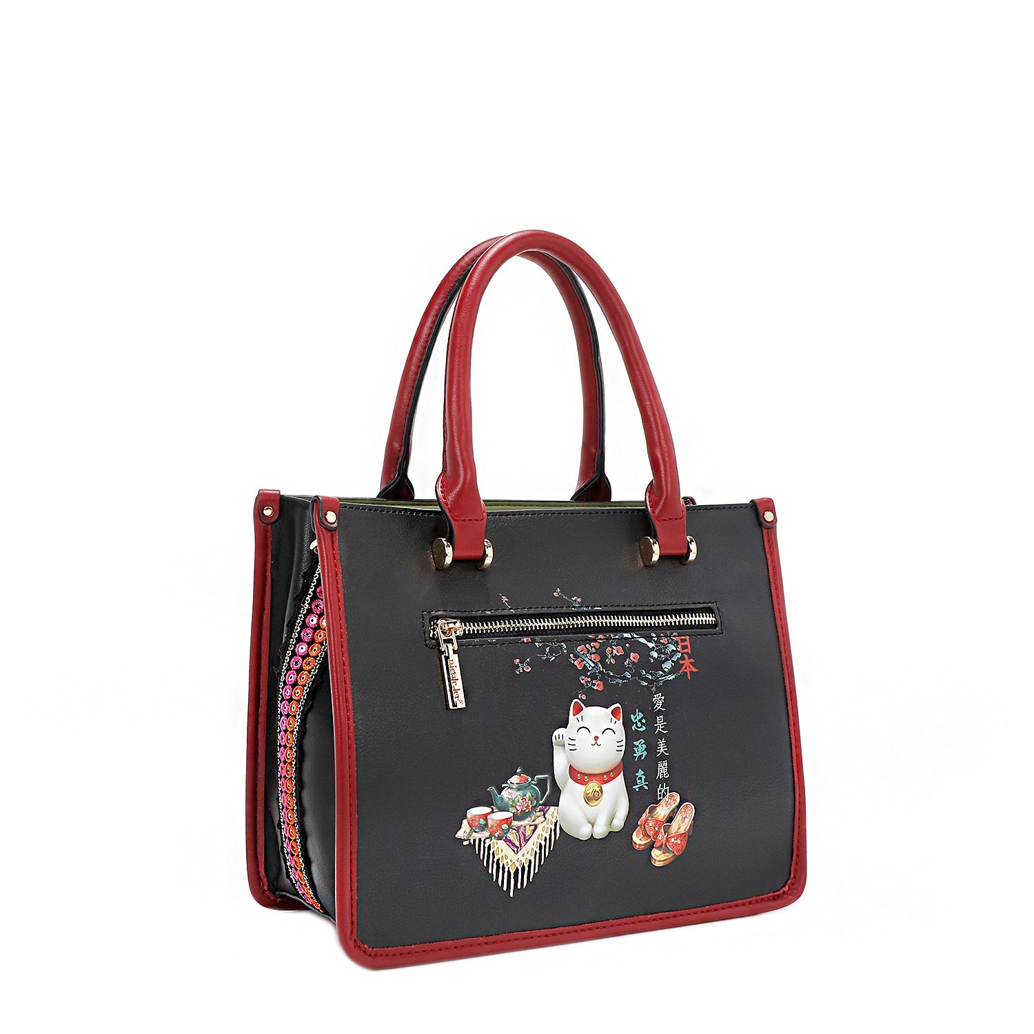Akiko La Belleza Handbag with Front Lucky Cat Pocket, Embellished