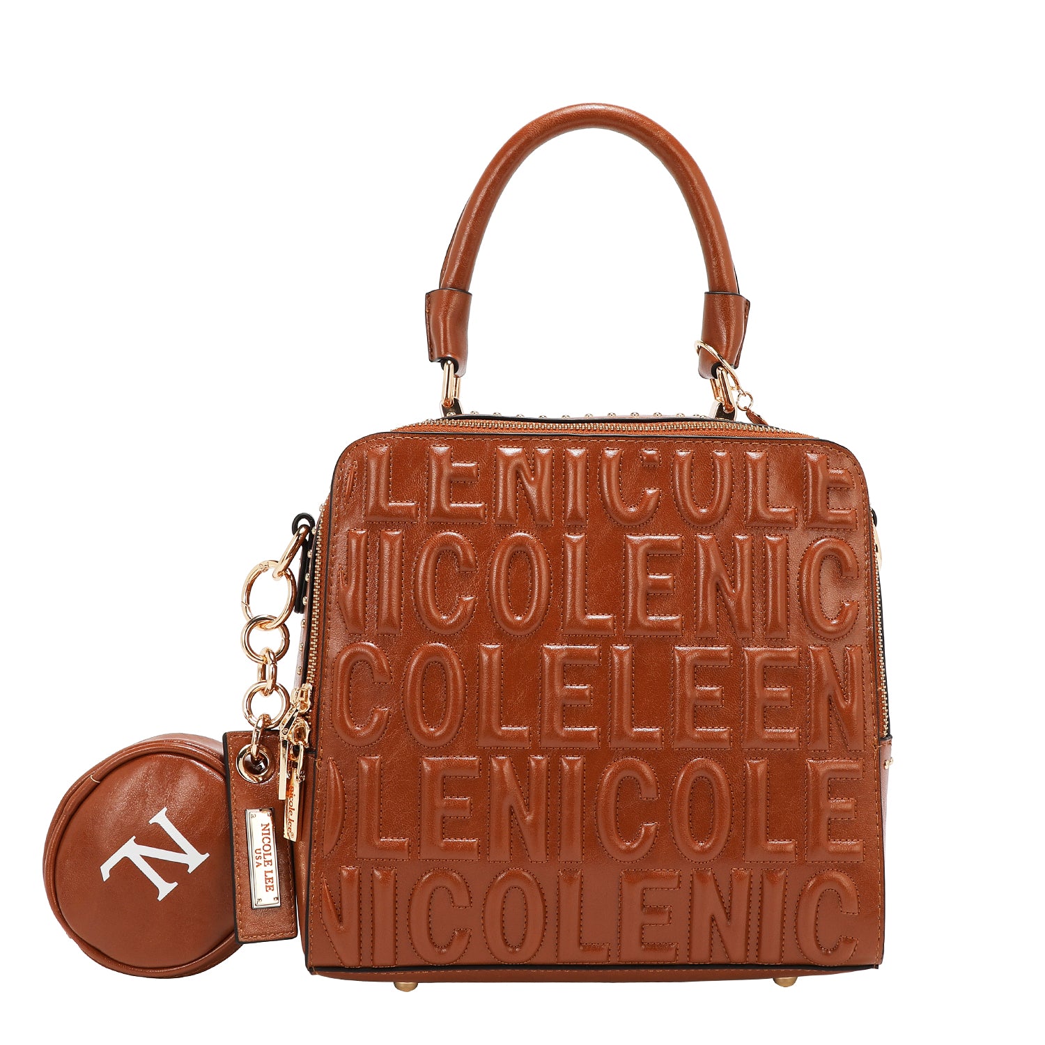 BOLSO DE MANO CUADRADO CON LOGOTIPO EN RELIEVE (MARRON)