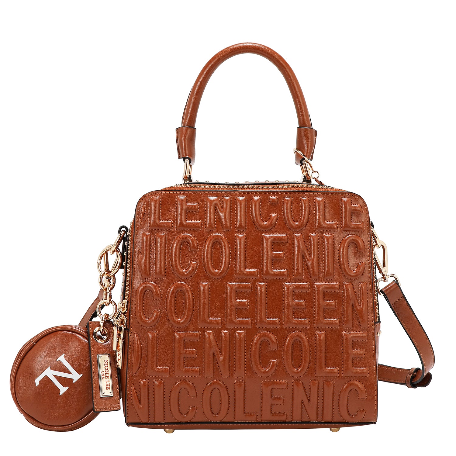 BOLSO DE MANO CUADRADO CON LOGOTIPO EN RELIEVE (MARRON)