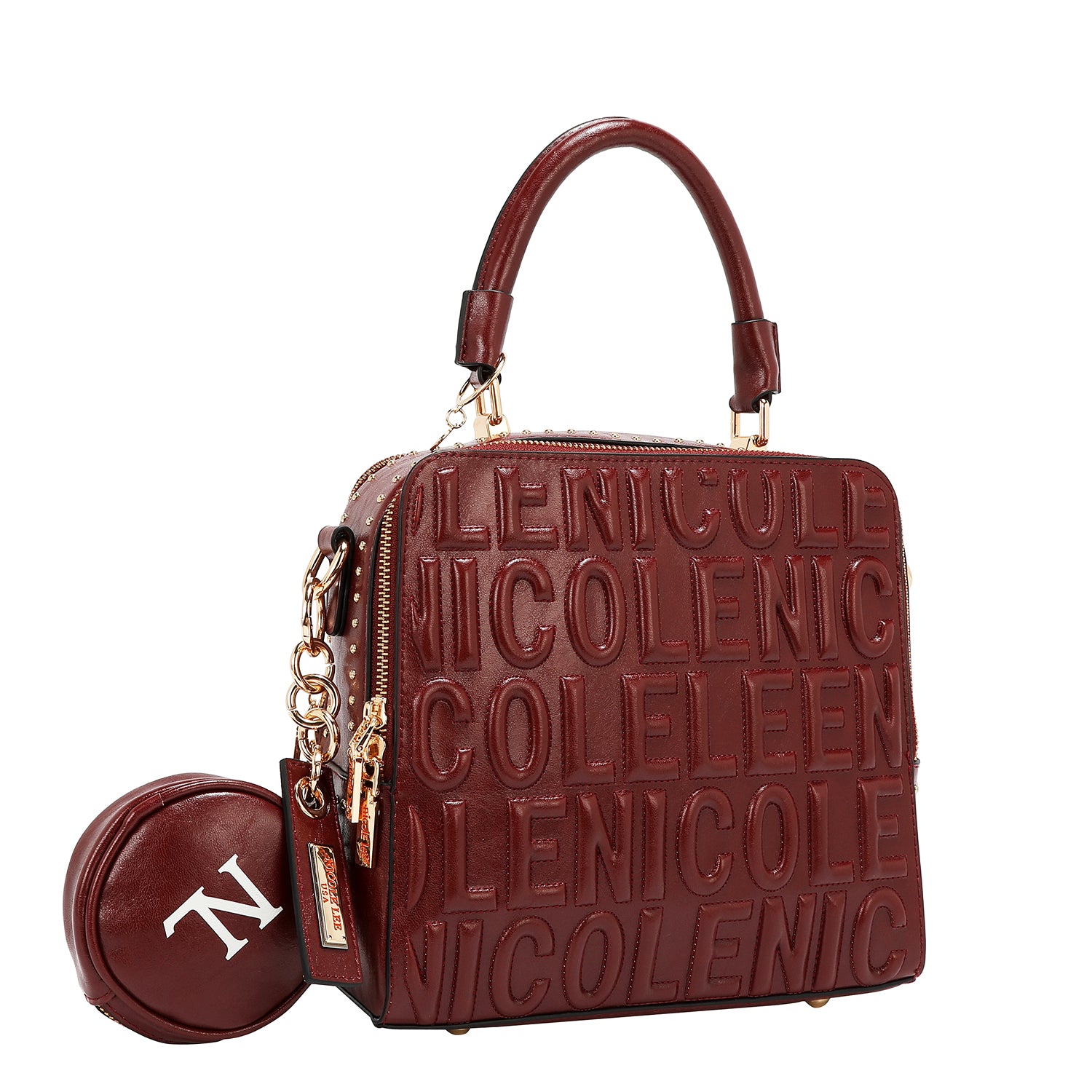 BOLSO DE MANO CUADRADO CON LOGOTIPO EN RELIEVE (VINO)