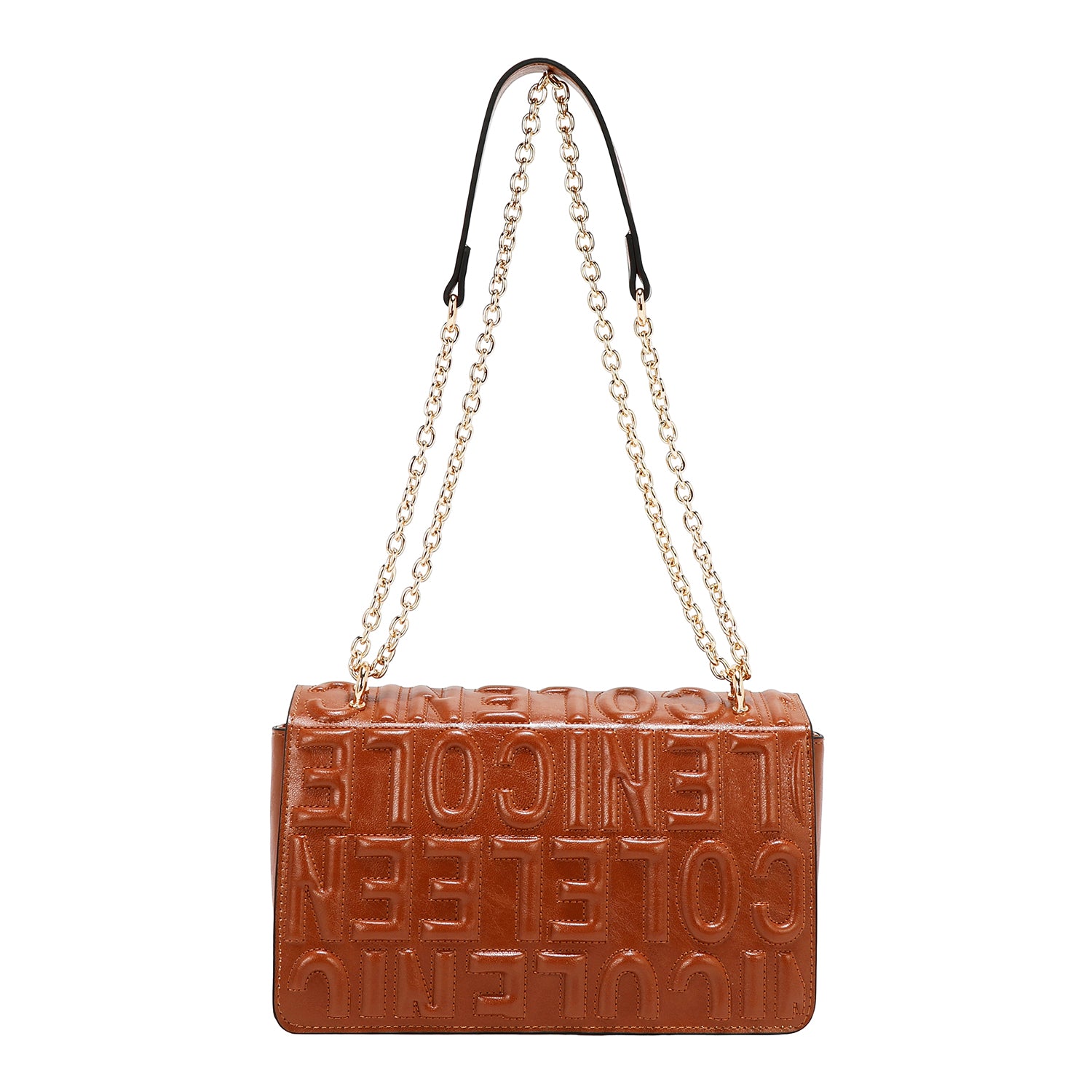 BOLSO DE HOMBRO CON CADENA Y LOGO EN RELIEVE (MARRON)
