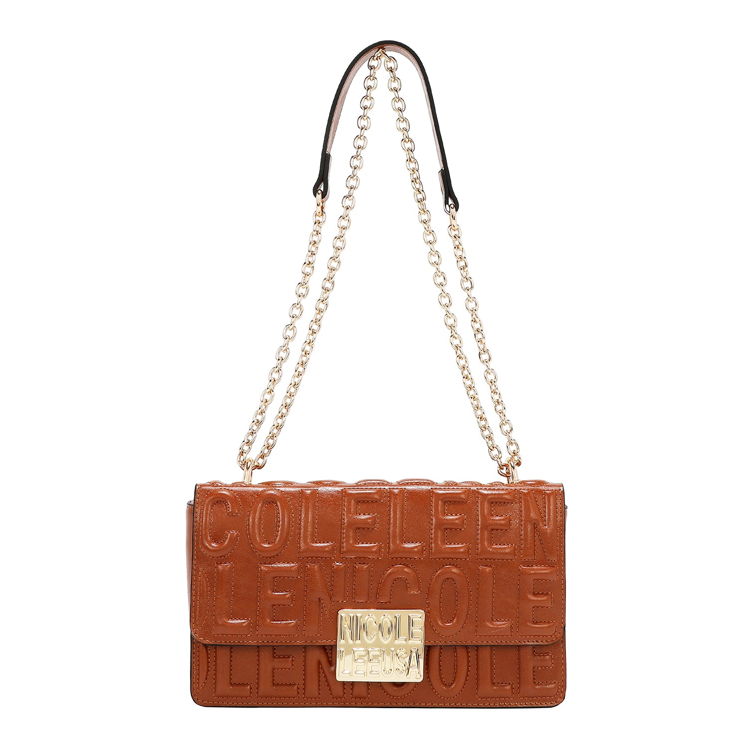 BOLSO DE HOMBRO CON CADENA Y LOGO EN RELIEVE (MARRON)