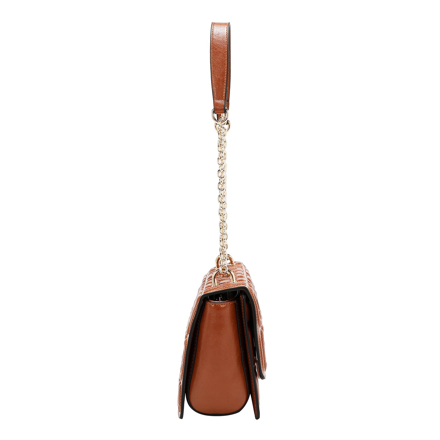 BOLSO DE HOMBRO CON CADENA Y LOGO EN RELIEVE (MARRON)