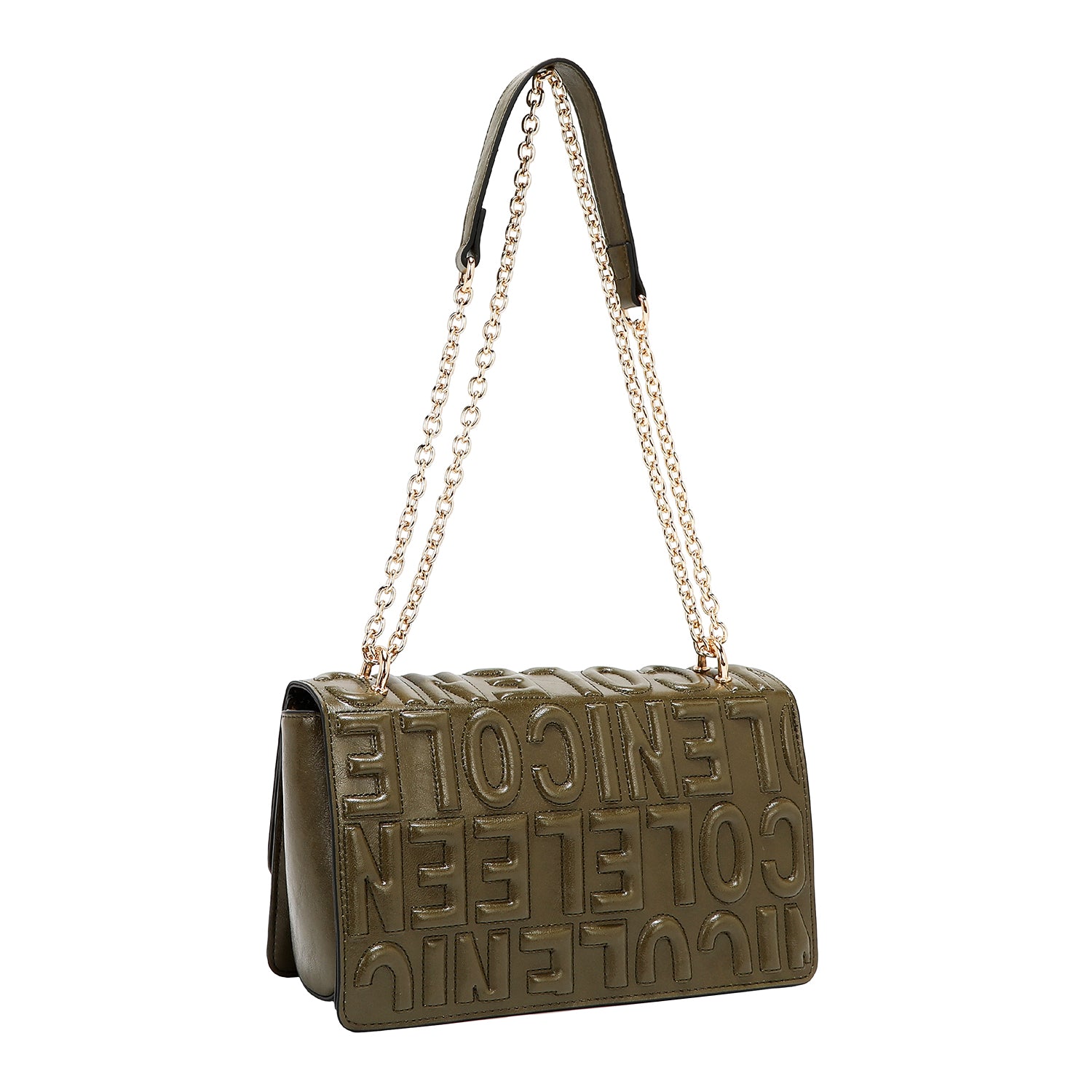 BOLSO DE HOMBRO CON CADENA Y LOGO EN RELIEVE (OLIVA)