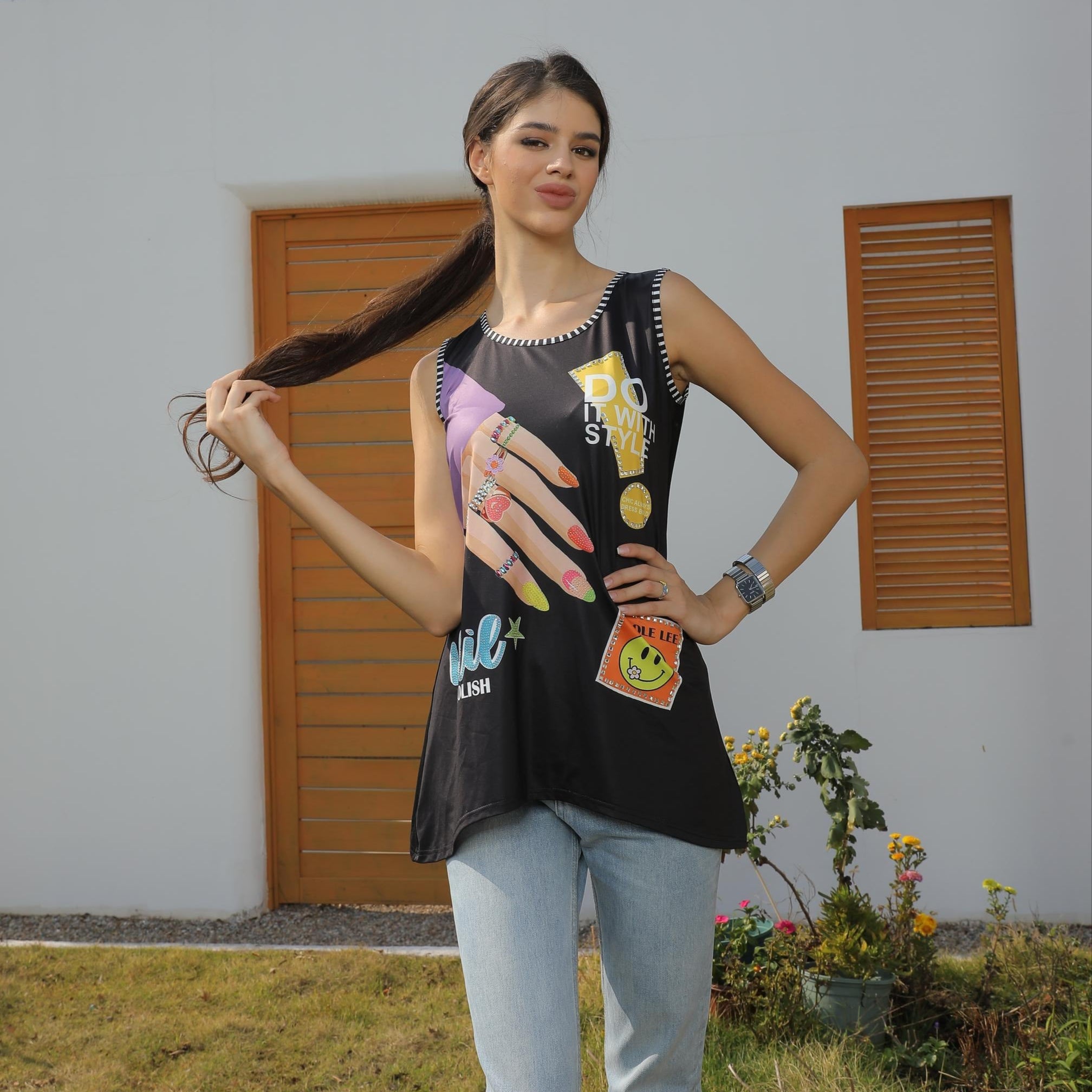 NICOLE LEE TUNICA TOP CON BRILLANTINI (<tc>SUN & SAND</tc>)