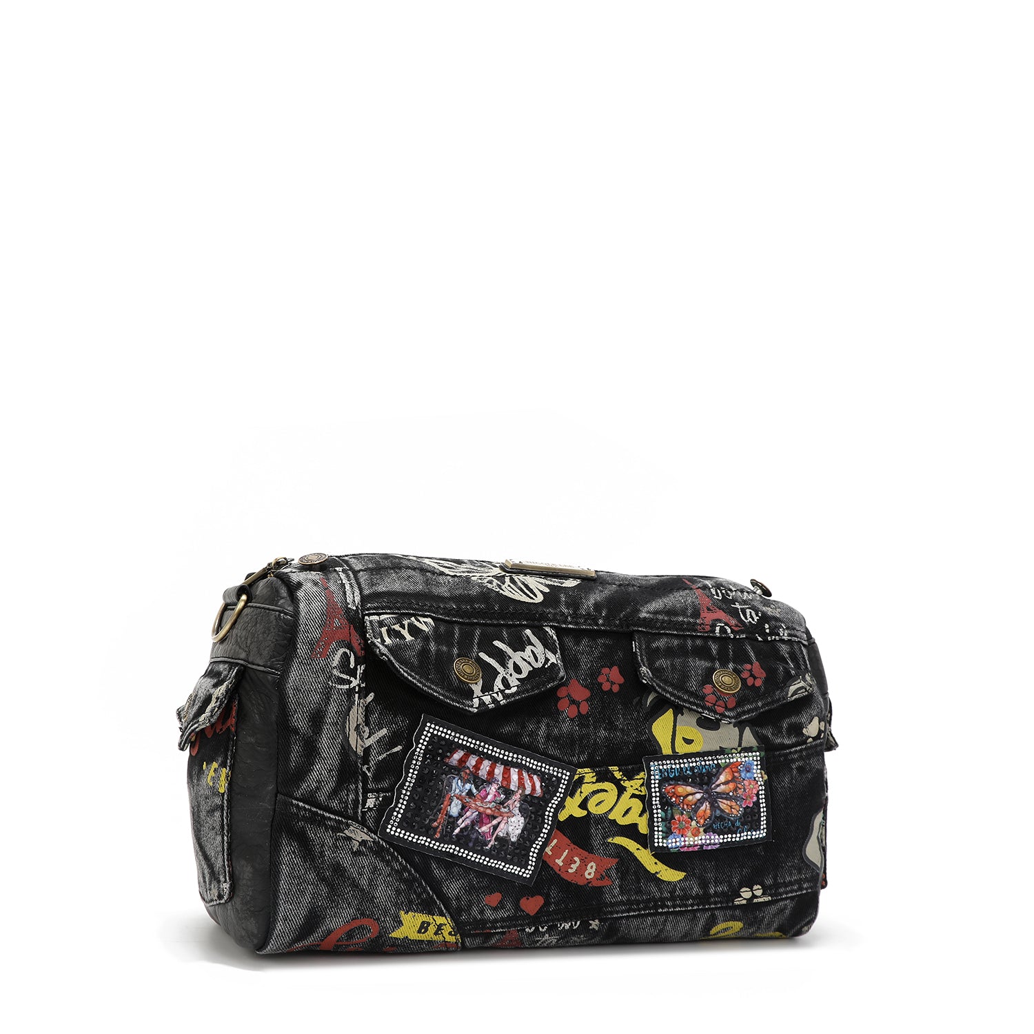 Messenger-Umhängetasche aus grauem Denim-Stoff