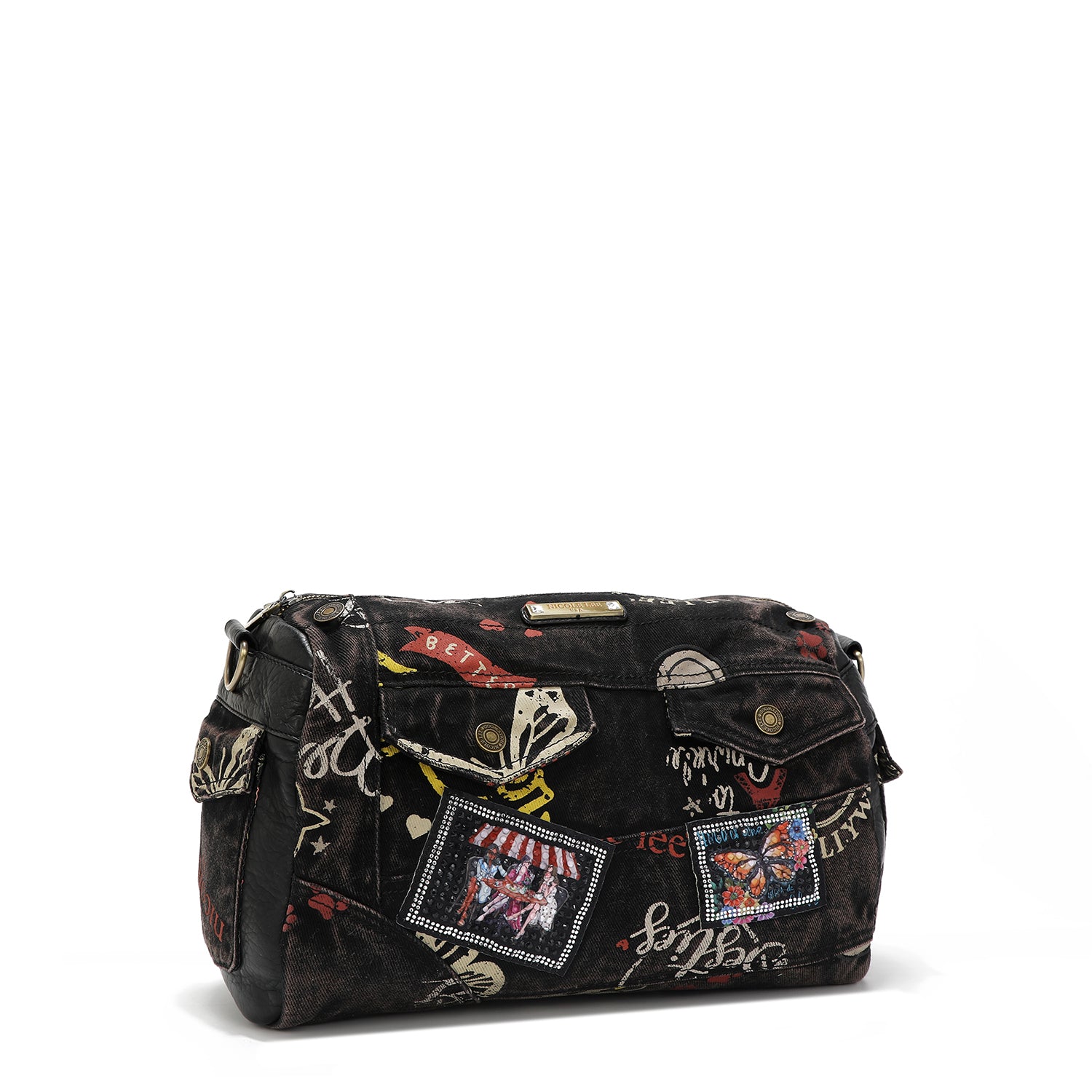 BRAUNE DENIM-STOFF-BOGEN-UMHÄNGETASCHE