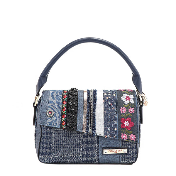 BOLSO CON SOLAPA Y PARCHE FLORAL (AZUL)