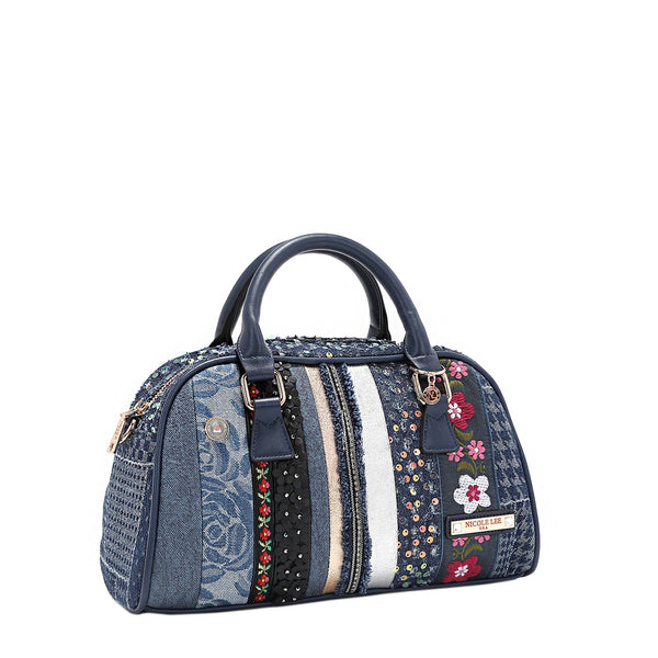 BOLSO MINI BOWLING CON PARCHE FLORAL (AZUL)