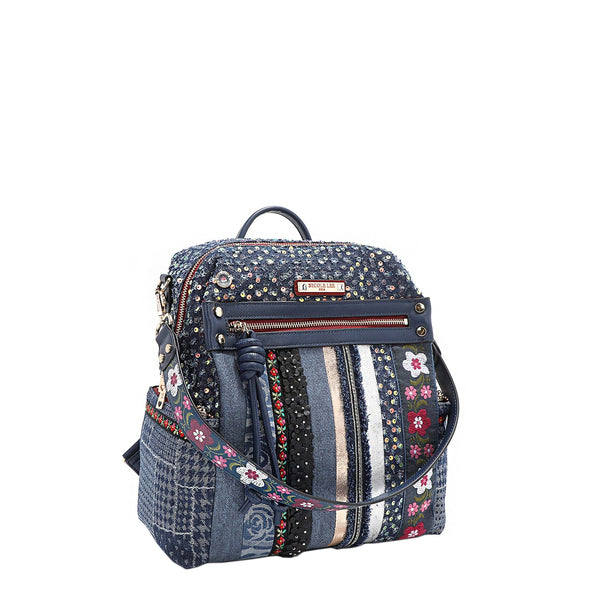 MOCHILA CON PARCHE FLORAL (AZUL)