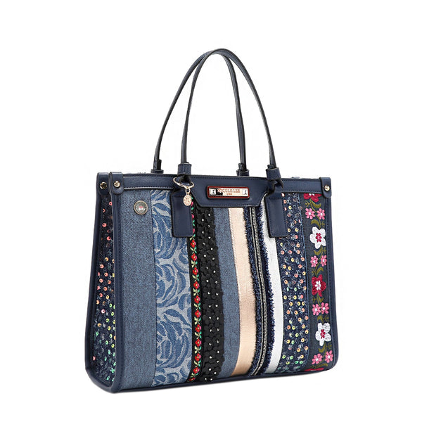 BOLSO ESTRUCTURADO CON PARCHE FLORAL (AZUL)