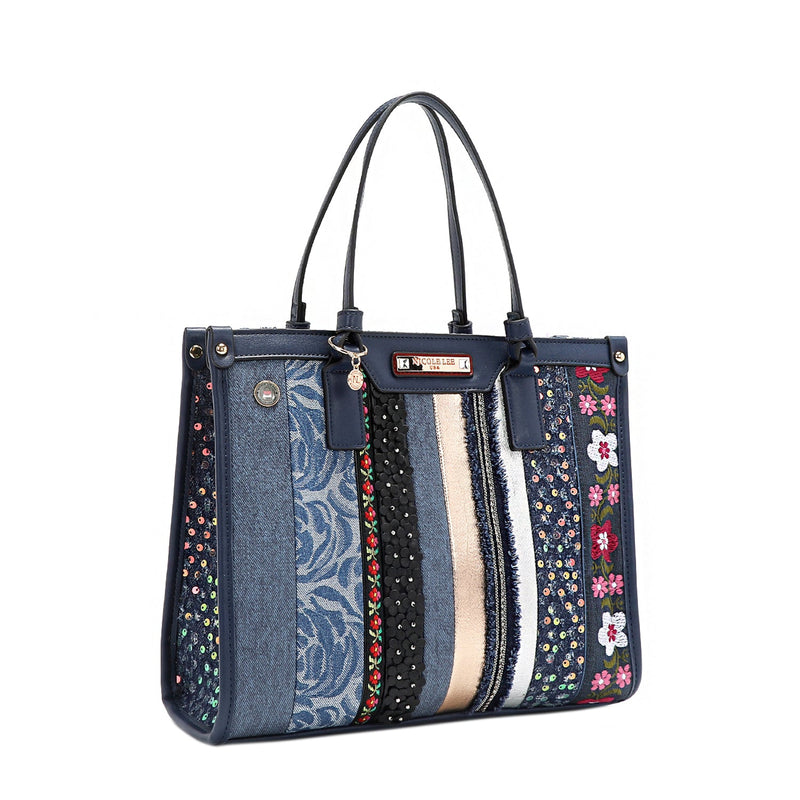 STRUKTURIERTE TASCHE MIT BLUMENDEM PATCH (BLAU)