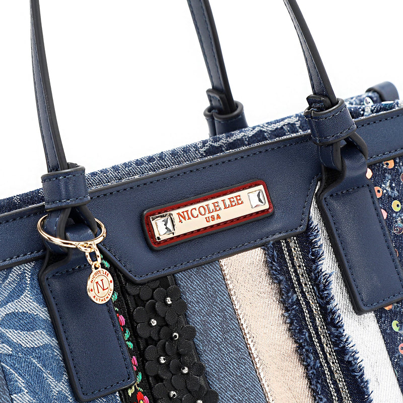 STRUKTURIERTE TASCHE MIT BLUMENDEM PATCH (BLAU)