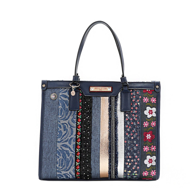 STRUKTURIERTE TASCHE MIT BLUMENDEM PATCH (BLAU)