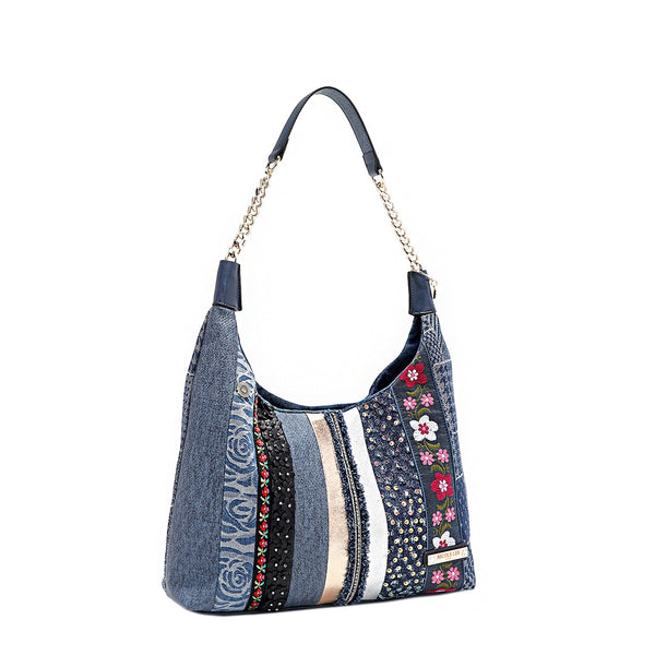 BOLSO HOBO CON PARCHE FLORAL (AZUL)