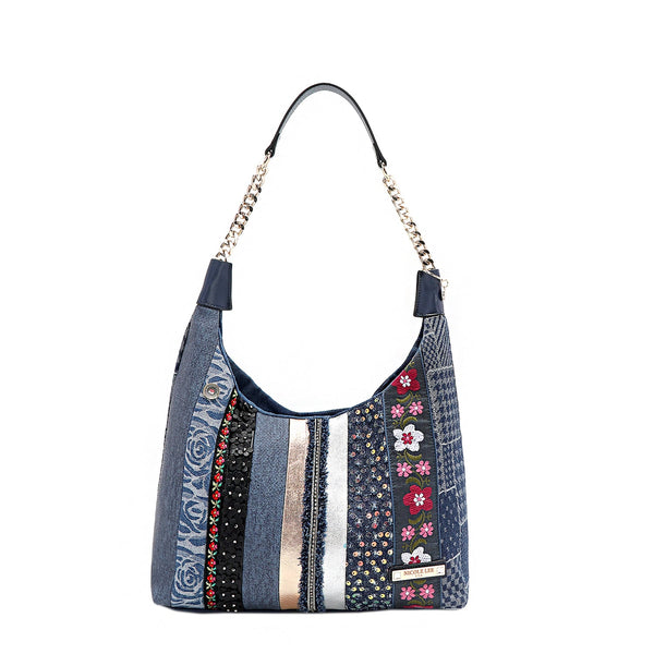 BOLSO HOBO CON PARCHE FLORAL (AZUL)