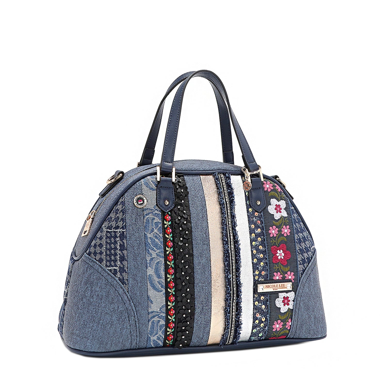 SACO SATCHEL DOME COM PATCH FLORAL (AZUL)