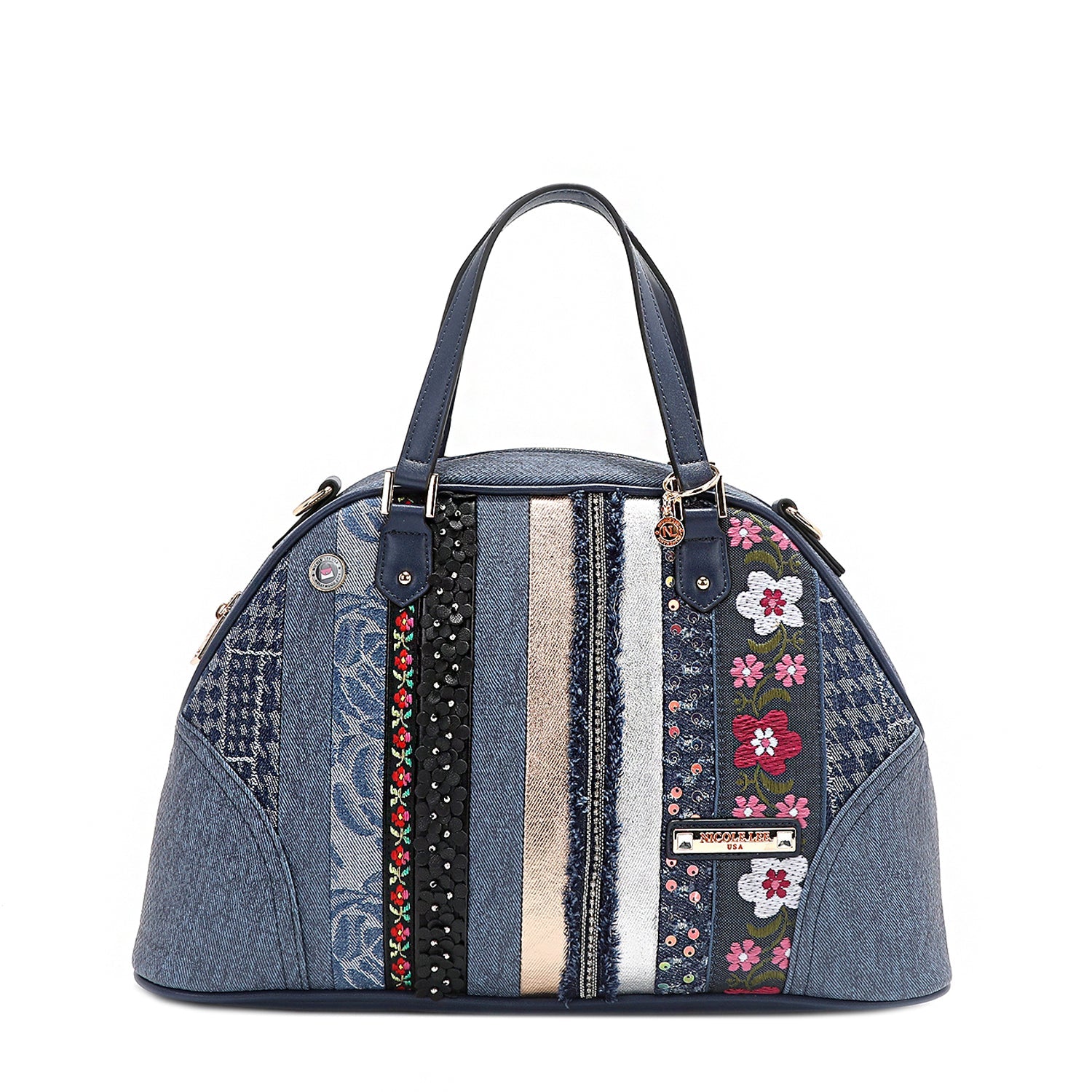 SACO SATCHEL DOME COM PATCH FLORAL (AZUL)