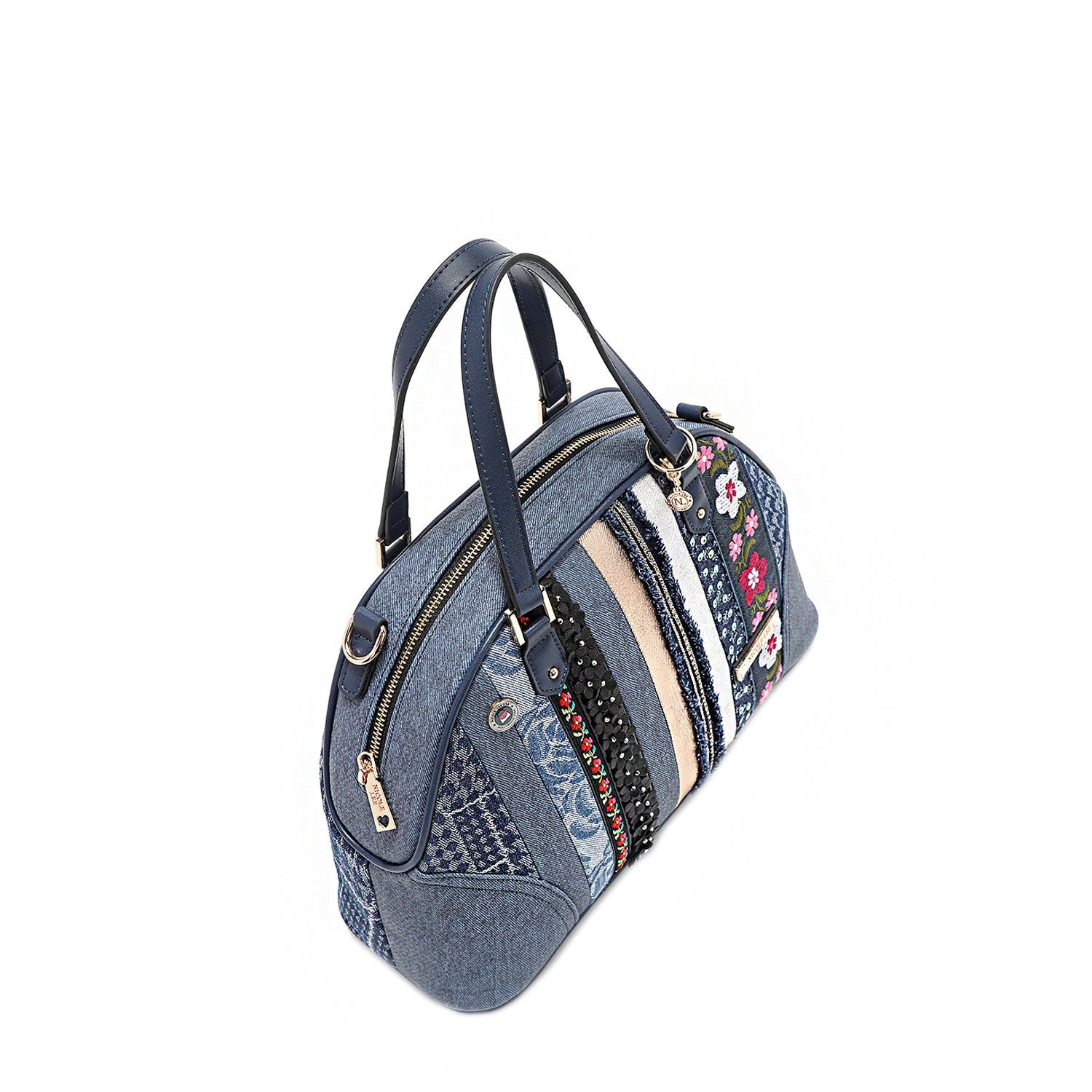 SACO SATCHEL DOME COM PATCH FLORAL (AZUL)
