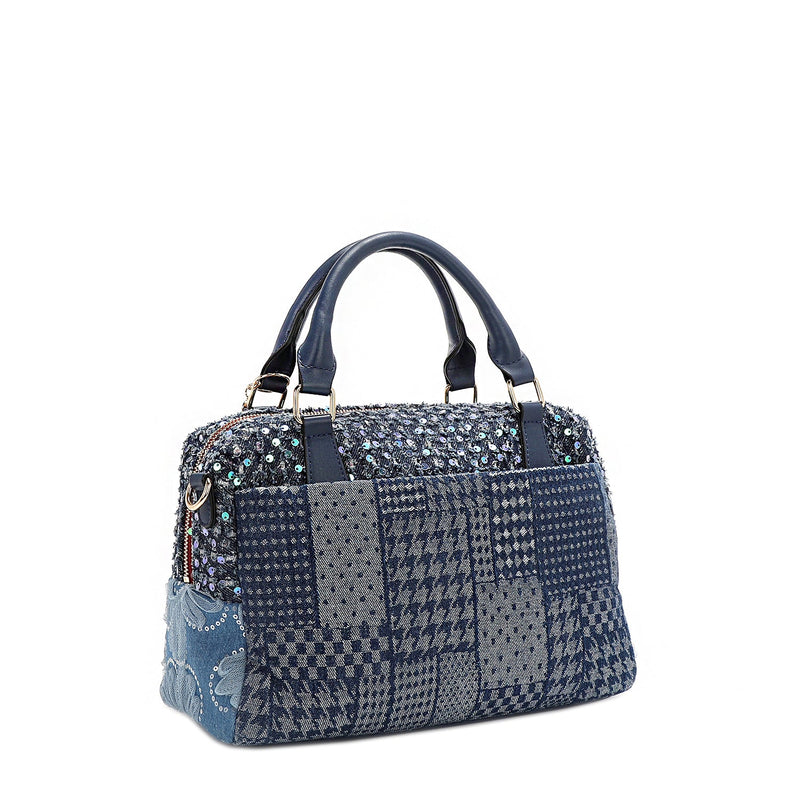 BORSA CON PATCH FLOREALE (BLU)