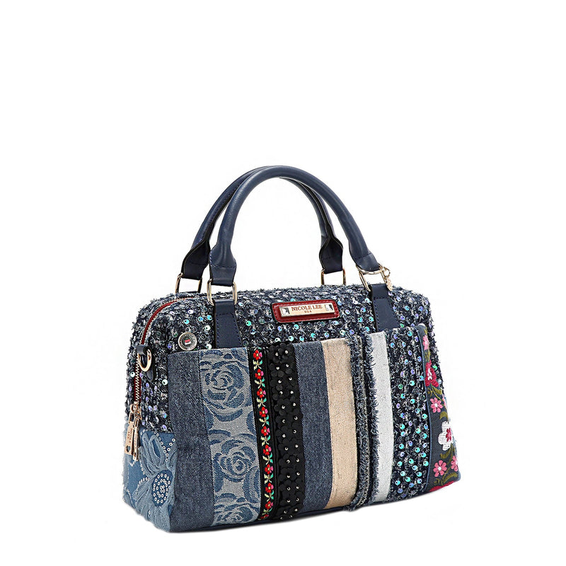 BORSA CON PATCH FLOREALE (BLU)