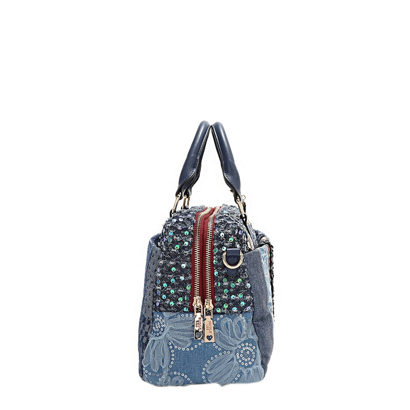 BORSA CON PATCH FLOREALE (BLU)