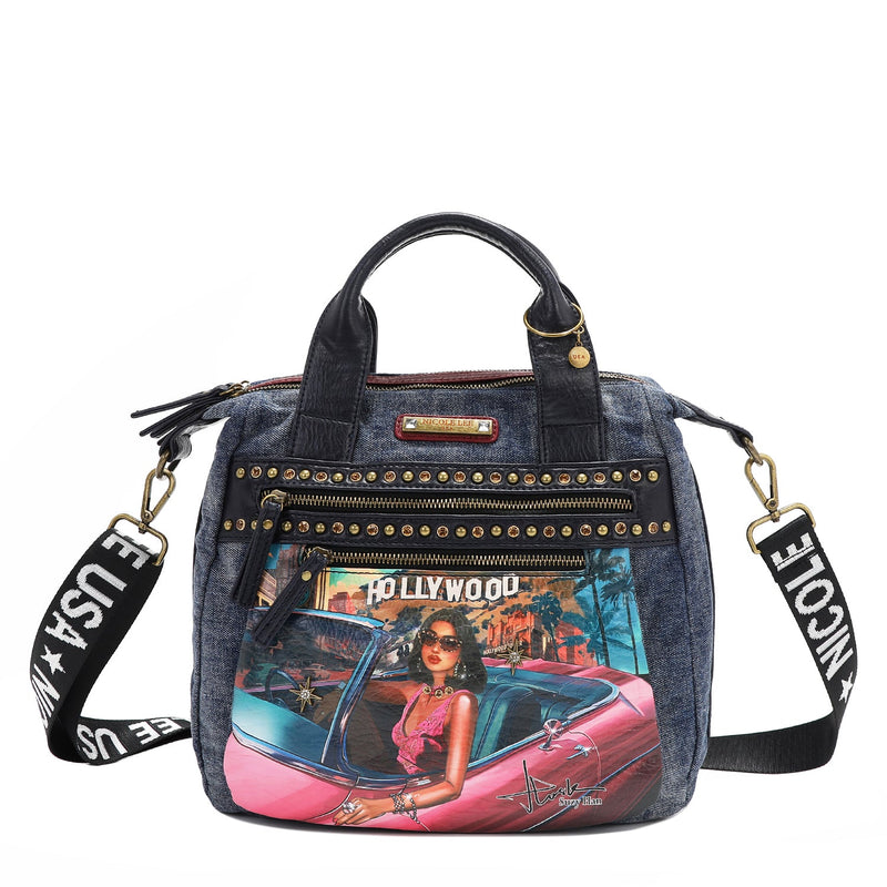 BOLSO DE DENIM LAVADO CON TACHUELAS (HOLLYWOOD DRIVE)