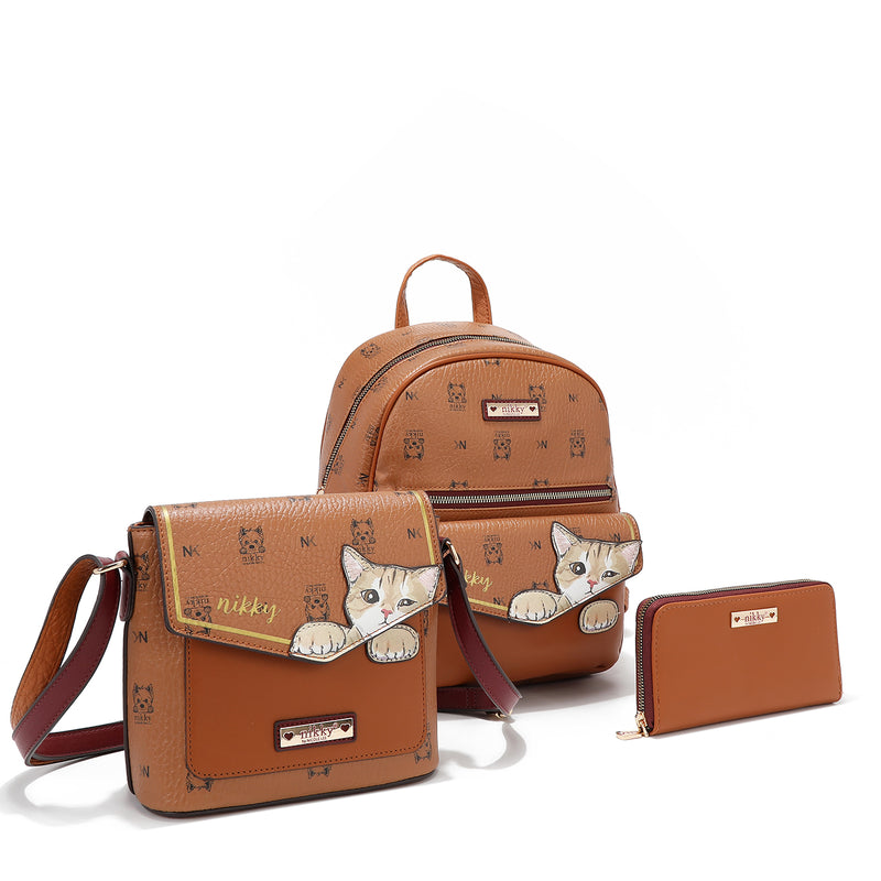 MOCHILA, BOLSA DE OMBRO, CONJUNTO DE CARTEIRA (<tc>NIKKY FINDS MEOW</tc> ) MARROM