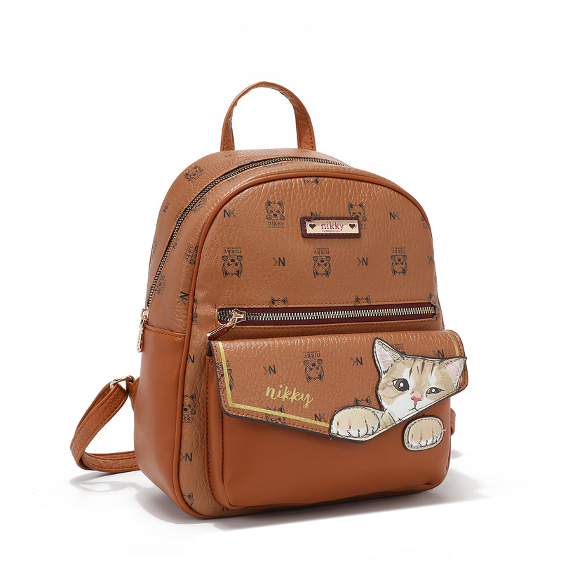 MOCHILA, BOLSA DE OMBRO, CONJUNTO DE CARTEIRA (<tc>NIKKY FINDS MEOW</tc> ) MARROM