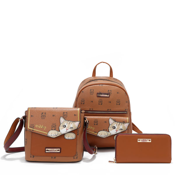 BACKPACK, SHOULDER BAG, WALLET SET (<tc>NIKKY FINDS MEOW</tc> ) BROWN