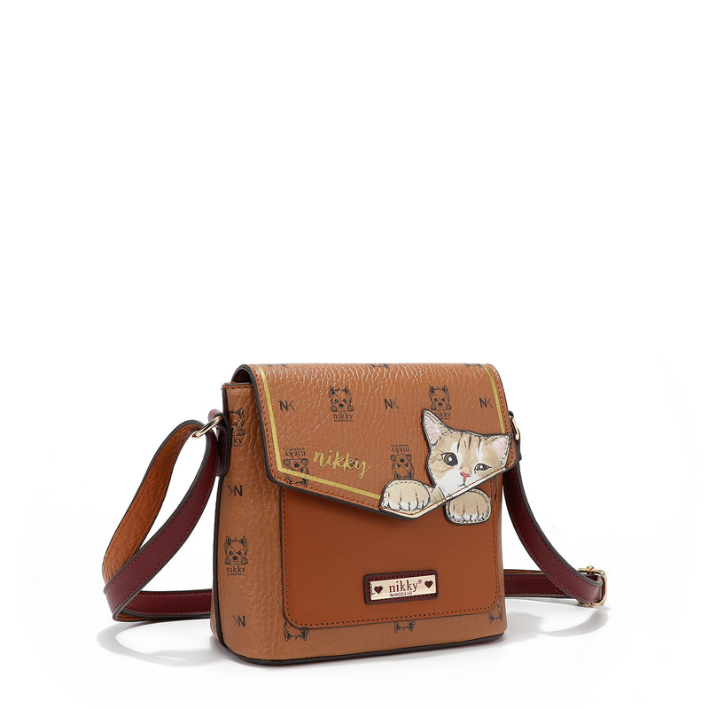 MOCHILA, BOLSA DE OMBRO, CONJUNTO DE CARTEIRA (<tc>NIKKY FINDS MEOW</tc> ) MARROM