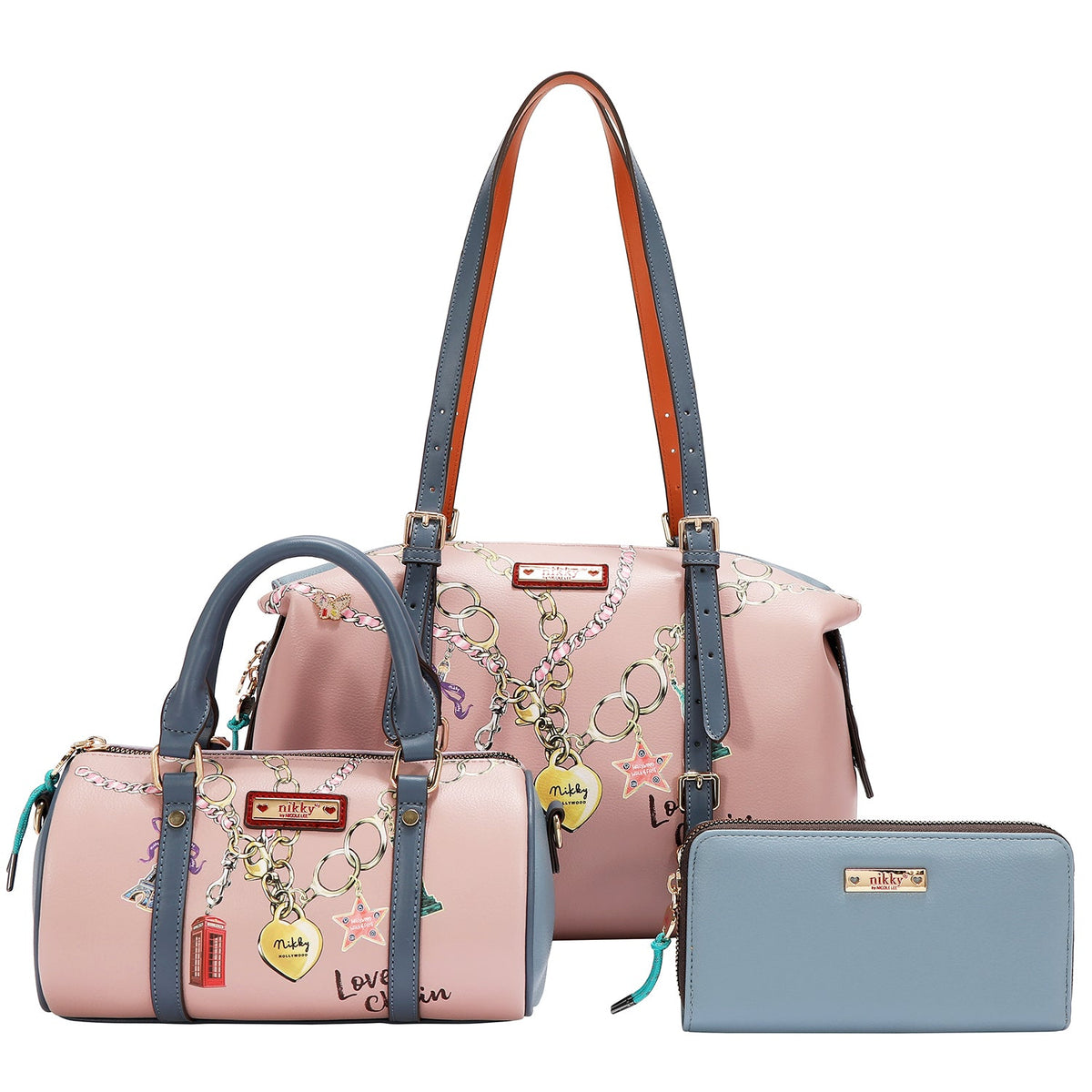 CONJUNTO DE 3 PIEZAS (BOLSO SATCHEL, BANDOLERA, CARTERA) (LOVE CHAIN)