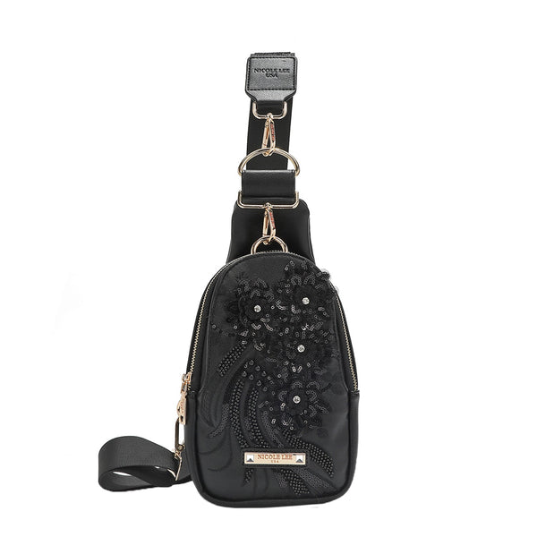 CROSSBODY BACKPACK WITH SEQUIN FLOWERS (BLACK)