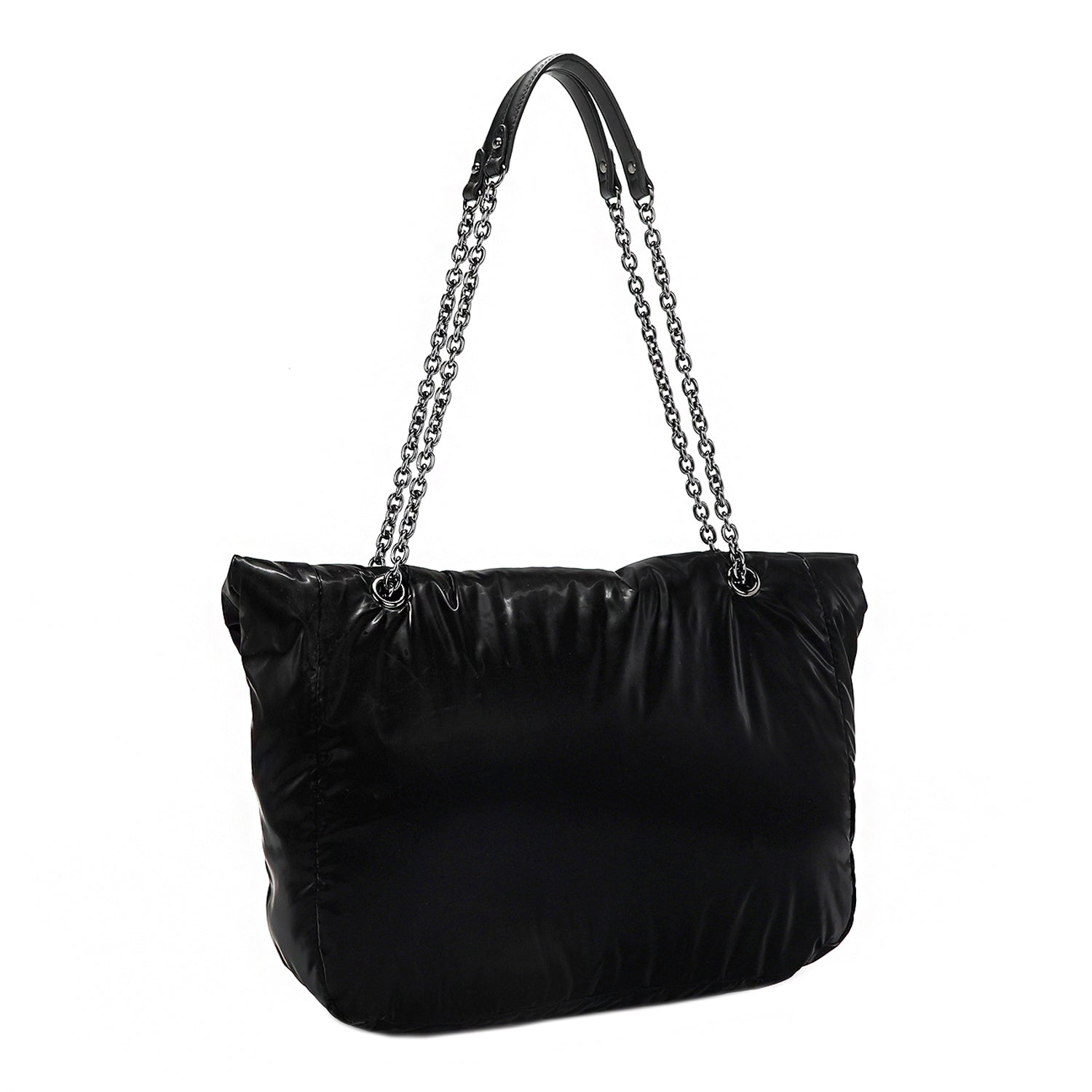 Puffy Large Flap Bag with Adjustable Chain-Link Strap, Black