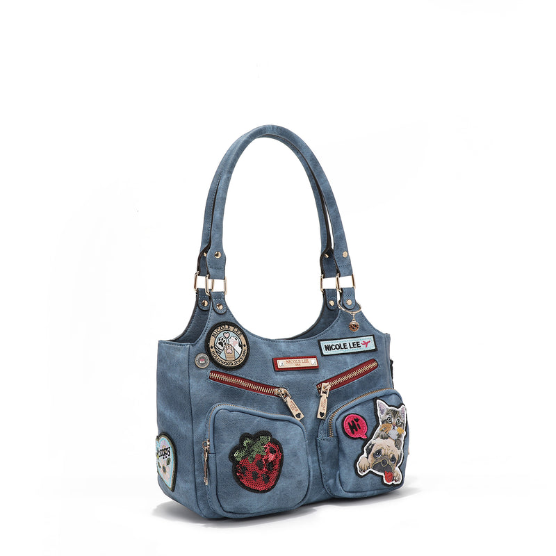 SHOULDER BAG WITH MULTIPLE PATCHES (BLUE)