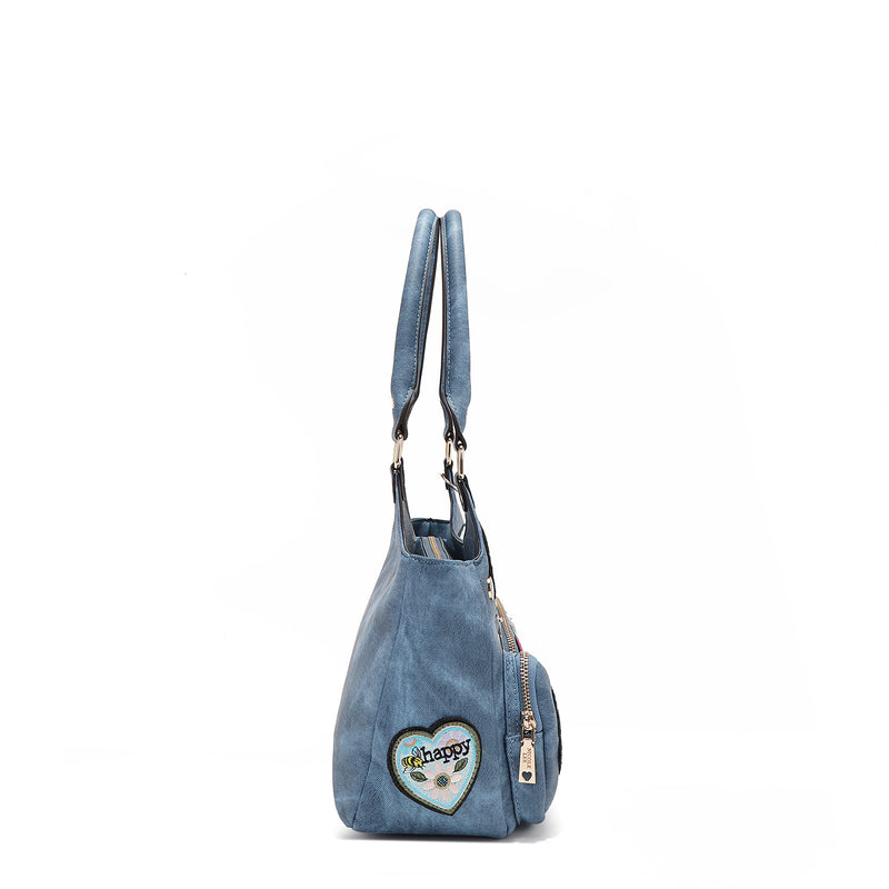 SHOULDER BAG WITH MULTIPLE PATCHES (BLUE)