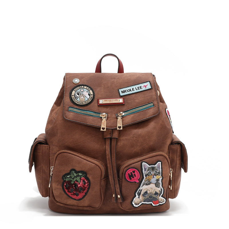 BACKPACK WITH MULTIPLE PATCHES (BROWN)