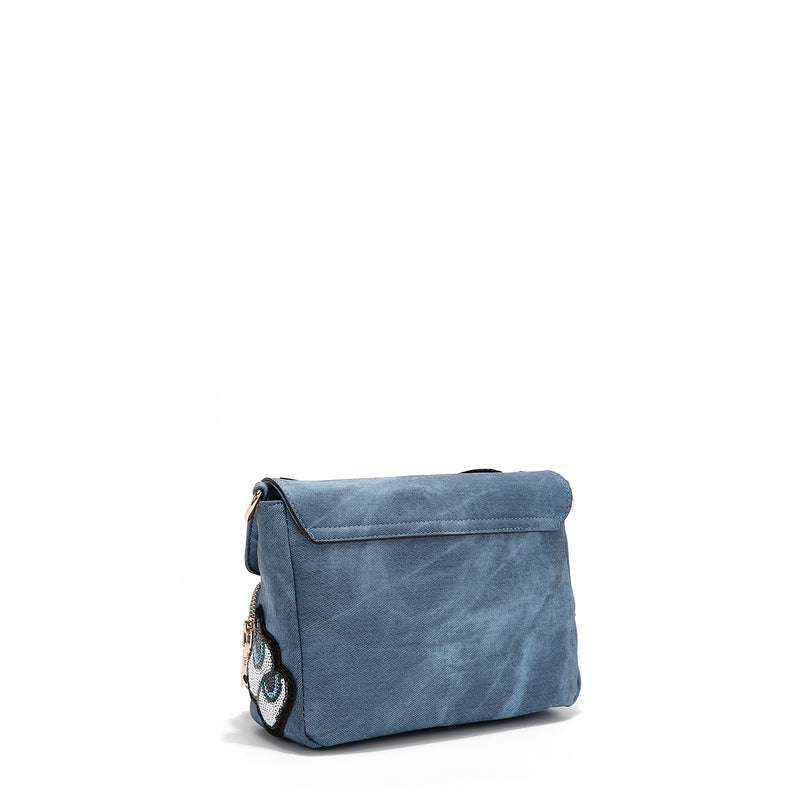 CROSSBODY BAG WITH FLAP AND MULTIPLE PATCHES (BLUE)