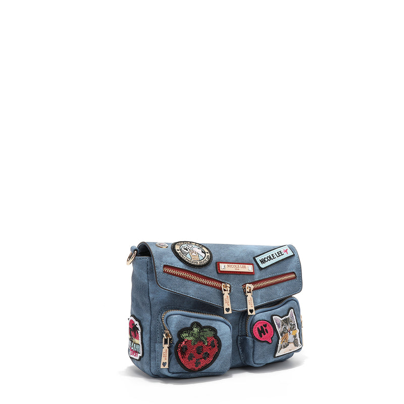 CROSSBODY BAG WITH FLAP AND MULTIPLE PATCHES (BLUE)