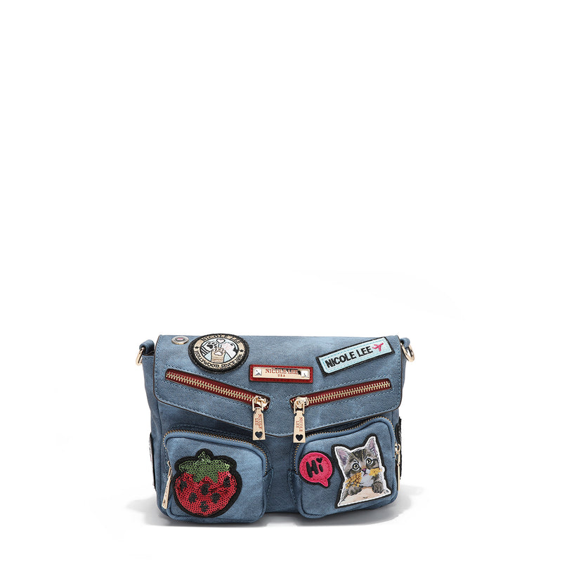 CROSSBODY BAG WITH FLAP AND MULTIPLE PATCHES (BLUE)