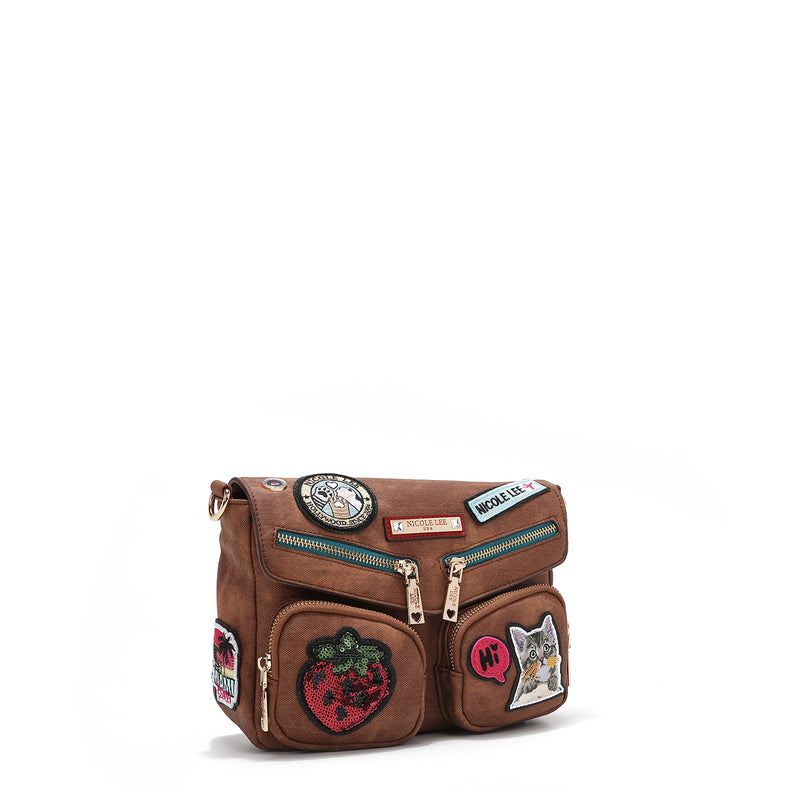 CROSSBODY BAG WITH FLAP AND MULTIPLE PATCHES (BROWN)