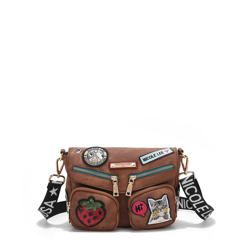 CROSSBODY BAG WITH FLAP AND MULTIPLE PATCHES (BROWN)